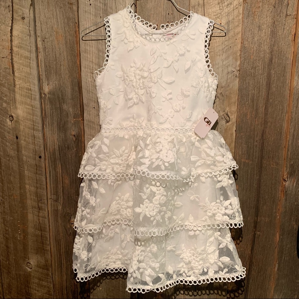 NWT GB Girls OCCASION WEAR DRESS 16 White LOTS OF DETAIL Floral Stitching